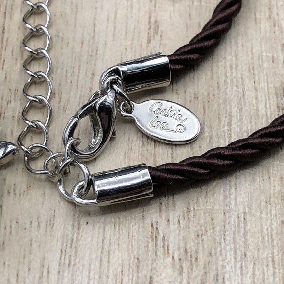 Cookie Lee Necklace Neutral Glass Stones Flower Pendant Brown Satin Cable Choker - Picture 4 of 6